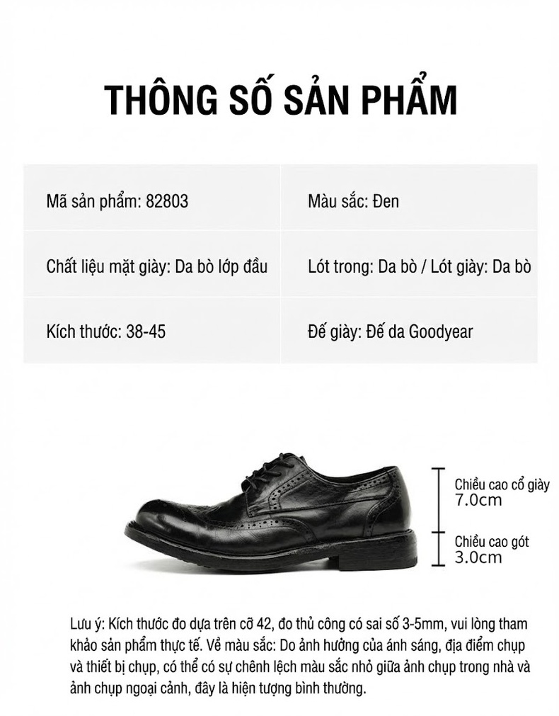 Giày Tây Buộc Dây Brogue Nam Da Thật Goodyear Water Wash Chiều Cao Đế Khoảng 3cm Màu Đen, Nâu chi tiết 3