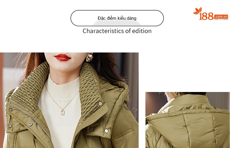 Áo Khoác Phao Nữ Ngắn Tay Dáng Nhỏ Cao Cấp Thời Trang Có Mũ Trùm Đầu Dày Dặn Lót Lông Vũ Trắng Màu Xanh Olive chi tiết 3