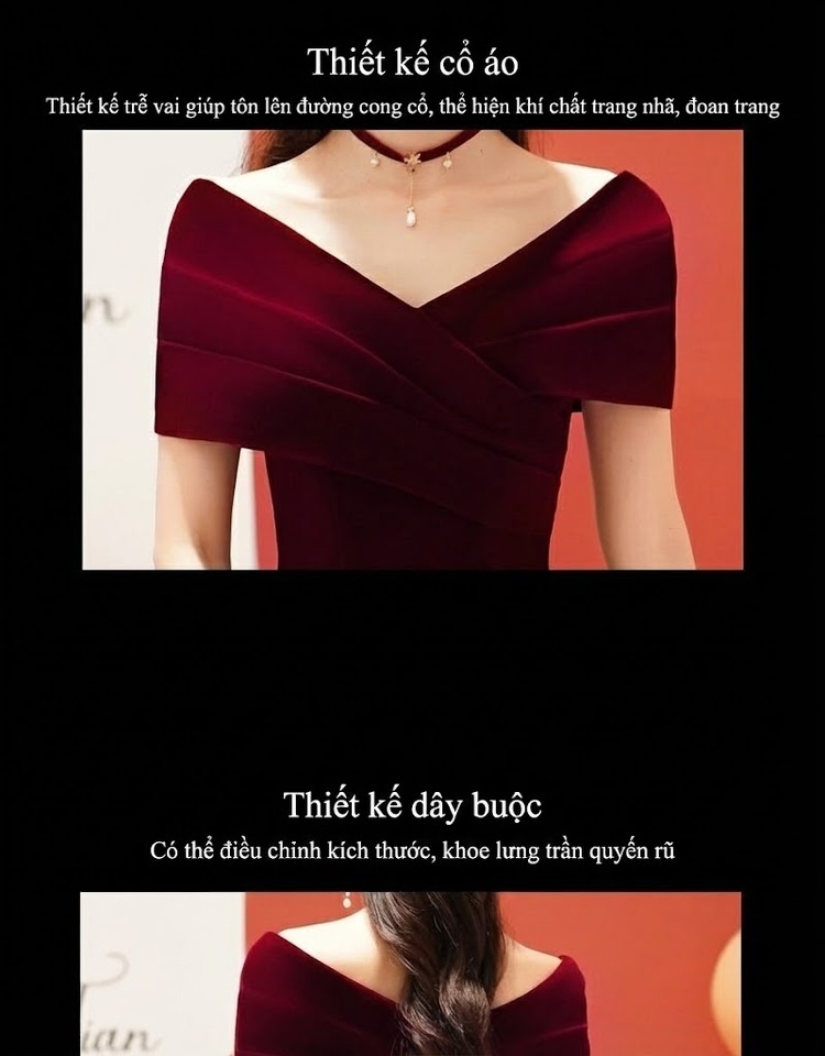 Váy Dự Tiệc Cưới Hở Vai dáng chữ A Che Bụng Cho Bà Bầu Màu Đỏ Rượu Vang, Đen chi tiết 17