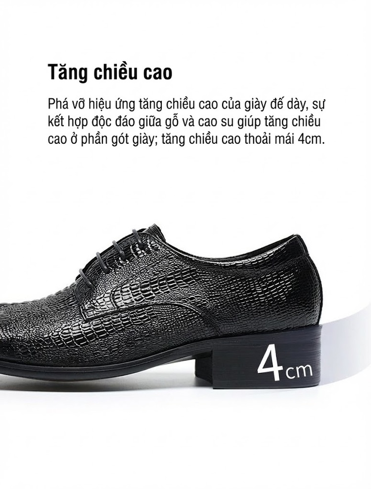 Giày Tây Buộc Dây Nam Da Bò Dập Vân Cá Sấu Chiều Cao Đế Khoảng 3cm Màu Đen, Nâu chi tiết 15