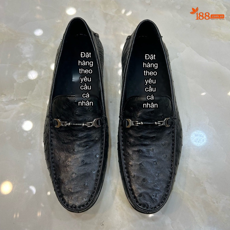 Giày Lười Nam Da Đà Điểu Chiều Cao Đế Khoảng 2cm Màu Đen