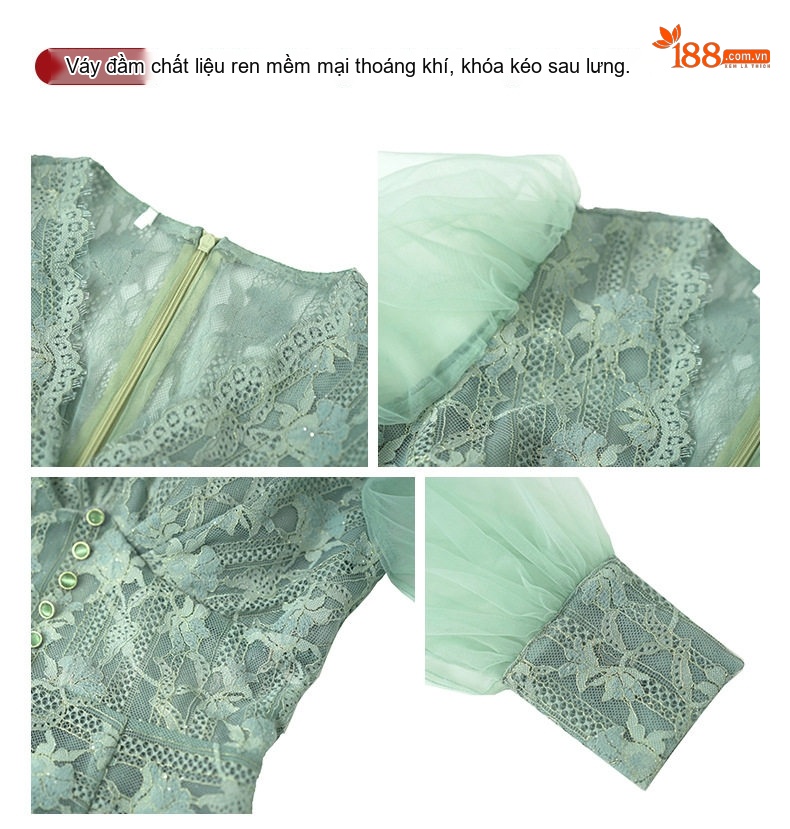 Váy Ren Nữ Cổ chữ V Tay Bồng Ôm Dáng Thanh Lịch Màu Xanh Bạc Hà, Tím chi tiết 4