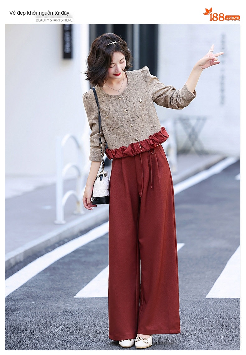 Set Bộ Tiểu Thư Áo Khoác Quần Ống Rộng Phong Cách Hàn Quốc Màu Nâu, Đỏ chi tiết 23