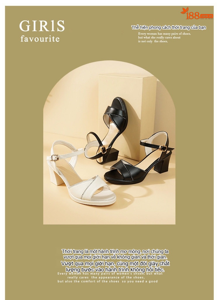 Giày Sandal Cao Gót Nữ Quai Ngang Gót Vuông Da Mềm Gót Cao 7cm - 8cm Màu Đen, Trắng chi tiết 1