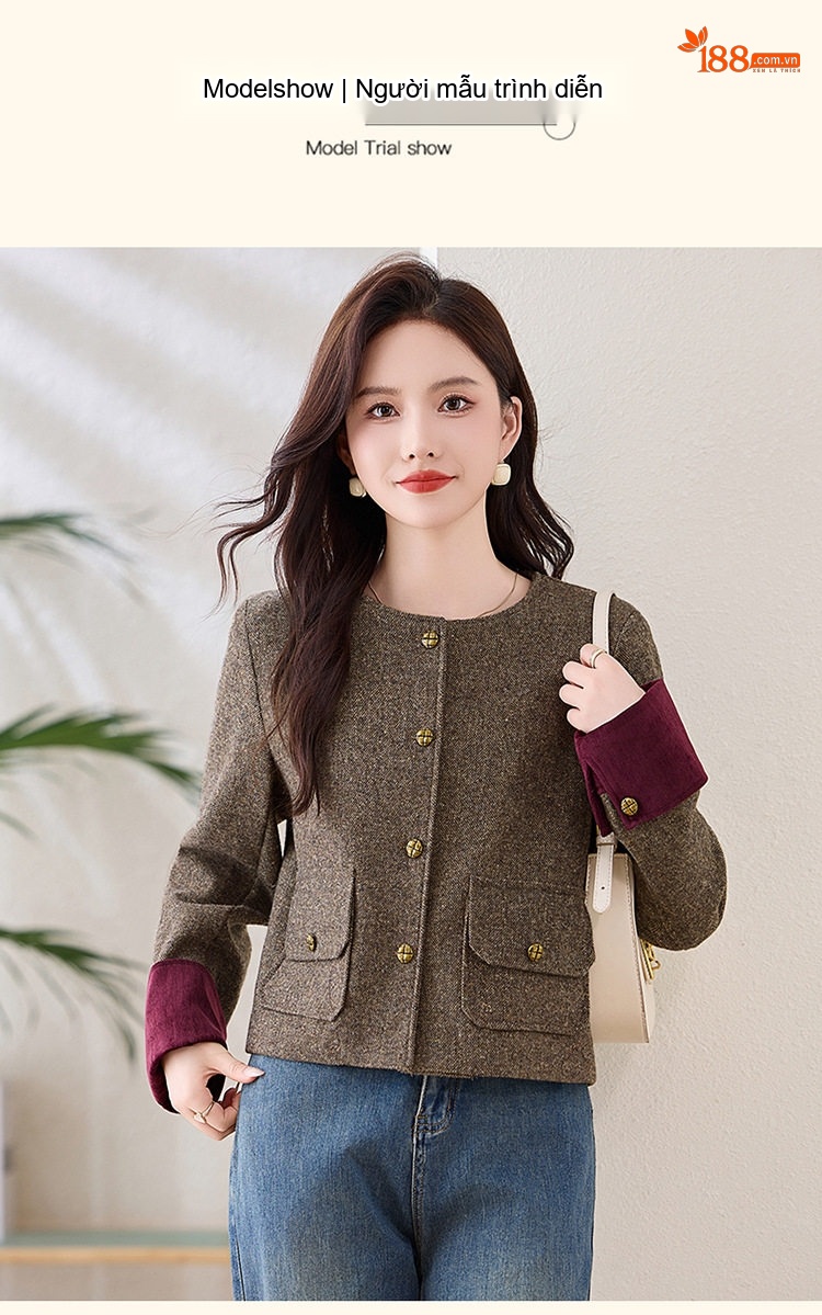 Áo Khoác Lửng Nữ Phong Cách Tiểu Thư Chất Liệu Mao Nỉ Tay Lật Cổ Tròn Màu Xám, Nâu chi tiết 13