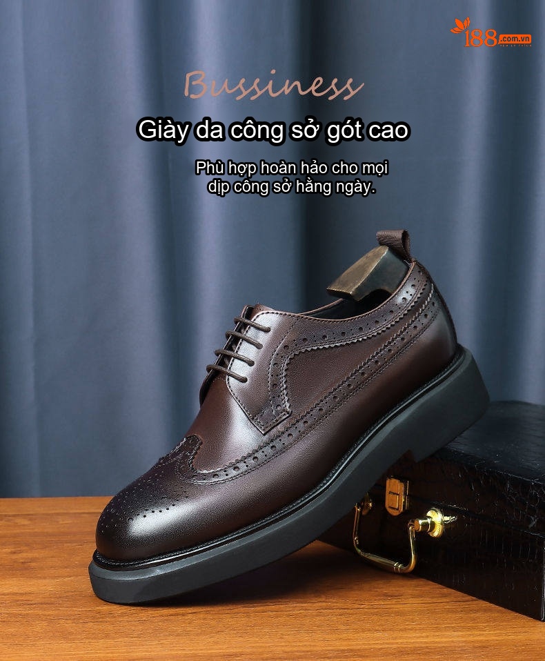 Giày Tây Buộc Dây Nam Da Bò Dáng Oxford Chiều Cao Đế Khoảng 3cm Màu Đen, Nâu chi tiết 2