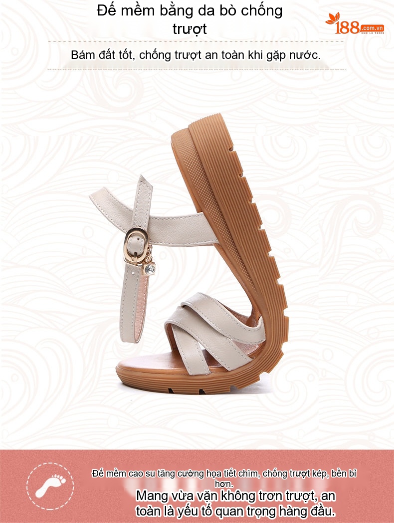 Dép Sandal Nữ Da Thật Quai Chéo Đế Mềm Chống Trượt Đế Cao 3cm - 4cm Màu Đỏ, Nâu, Đen, Kem chi tiết 6