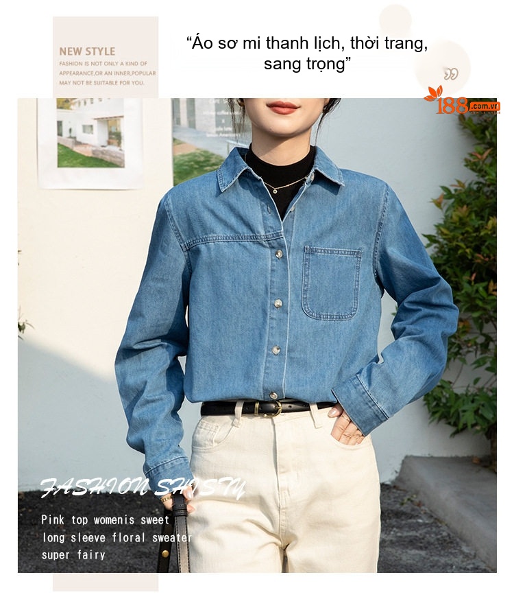 Áo Sơ Mi Nữ Tay Dài Cotton Thiết Kế Mới Phong Cách Pháp Màu Xanh Dương chi tiết 10