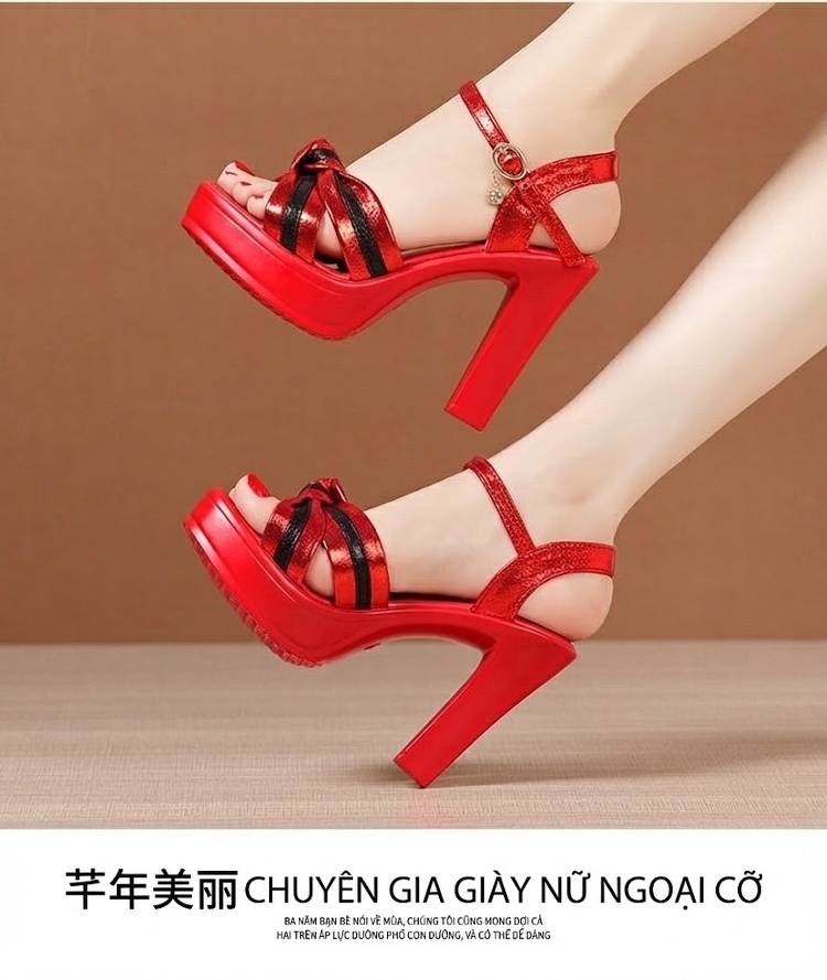 Giày Sandal Cao Gót Nữ Quai Ngang Hở Ngón Gót Cao 10cm Màu Vàng, Đen, Đỏ chi tiết 13