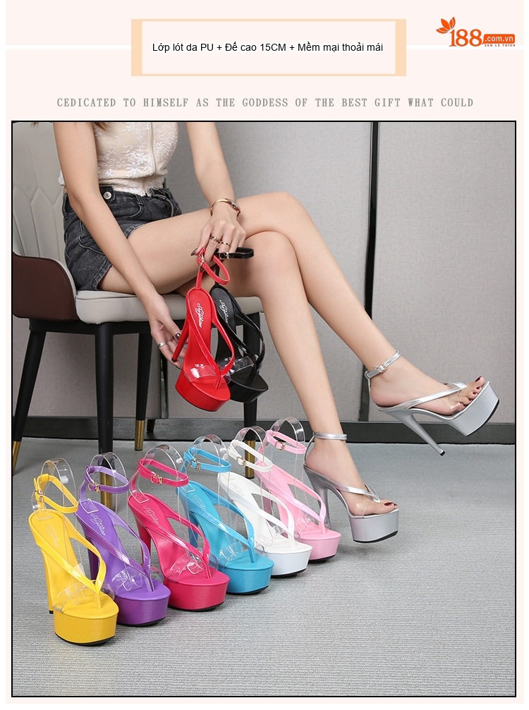 Giày Sandal Cao Gót Nữ Quai Kẹp Ngón Da Bóng Gót Cao 15cm Màu Đỏ, Trắng, Đen, Tím... chi tiết 1