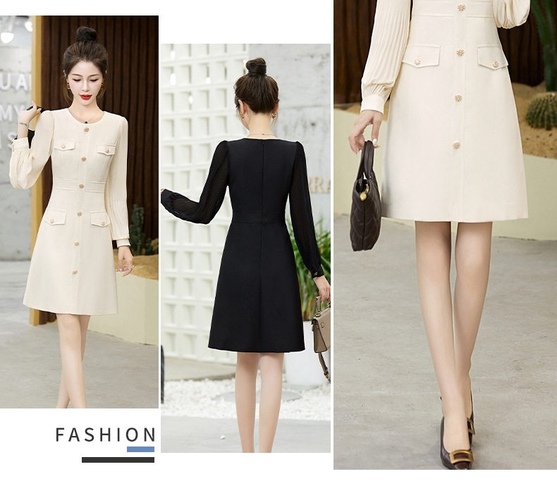 Váy Liền Thân Nữ Tay Dài Dáng Ôm Phong Cách Quý Cô Màu Đen, Trắng Kem chi tiết 4