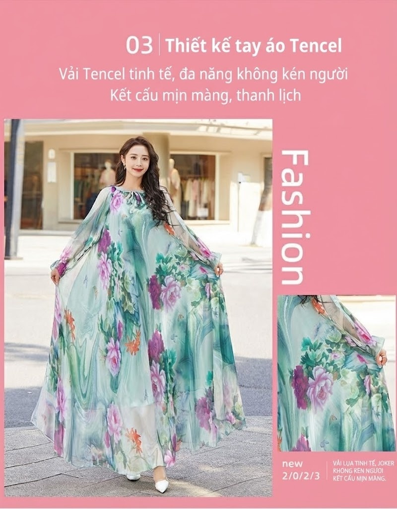 Váy Maxi Nữ Tay Dài Voan Mỏng Họa Tiết Đi Biển Mùa Hè Màu Trắng, Đỏ, Xanh, Đen... chi tiết 7