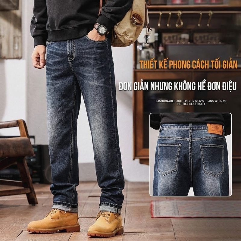 Quần Jean Nam Ống Đứng Co Giãn Cao Cấp Phong Cách Châu Âu Màu Xanh Đen