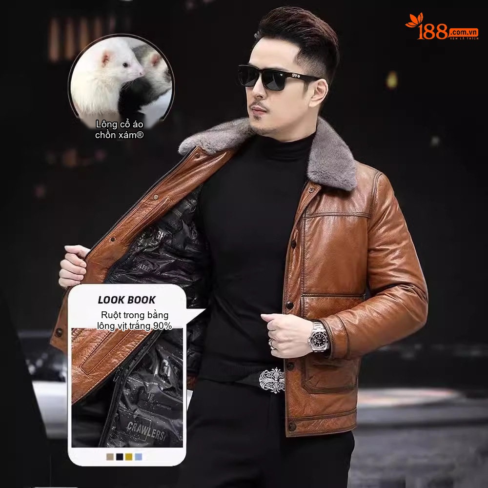 Áo Khoác Da Thật Nam Lớp Đầu Tiên Da Bò Sáp Dầu Cổ Lông Chồn Kiểu Dáng Thời Trang Mới Thu Đông Màu Đen, Nâu