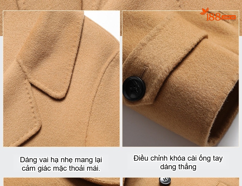 Áo Khoác Dạ Nam Dáng Dài 100% Lông Cừu Hai Hàng Khuy Màu Vàng Be, Đen chi tiết 7