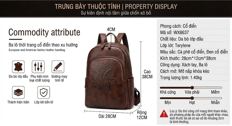 Balo Nam Da Bò Thủ Công Khắc Họa Tiết Vintage Màu Nâu, Đen chi tiết 2