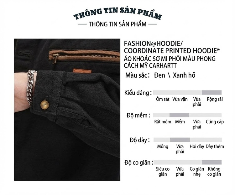 Áo Khoác Sơ Mi Nam Cổ Bẻ Carhartt Phong Cách Retro Mỹ Màu Đen, Xanh chi tiết 2
