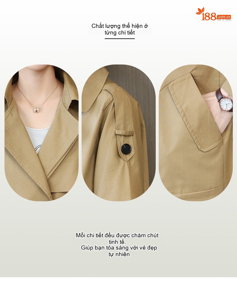Áo Khoác Mangto Nữ Dáng Dài Hai Hàng Khuy Phong Cách Casual Màu Nâu kaki, Xanh dương, Đỏ chi tiết 5
