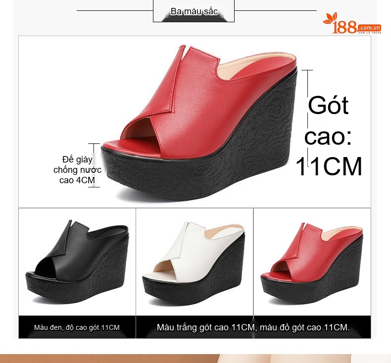 Dép Quai Ngang Nữ Đế Xuồng Da Bóng Chiều Cao Đế 11cm Màu Đen, Trắng, Đỏ chi tiết 4