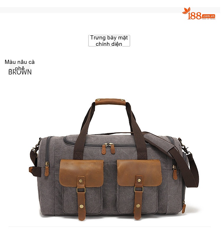 Túi Du Lịch Xách Tay Vải Canvas Đeo Chéo Phong Cách Âu Mỹ Kết Hợp Da Thật Màu Xám, Hồng, Sọc Trắng Đen chi tiết 11