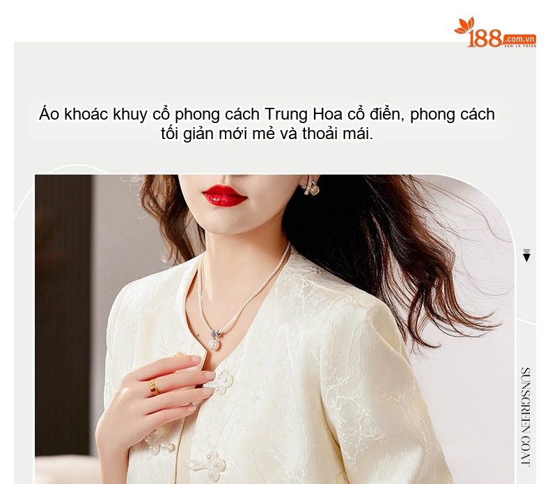Áo Khoác Lửng Trung Hoa Cổ Điển Tay Dài Khuy Nút Thắt Jacquard Màu Trắng, Đen chi tiết 1