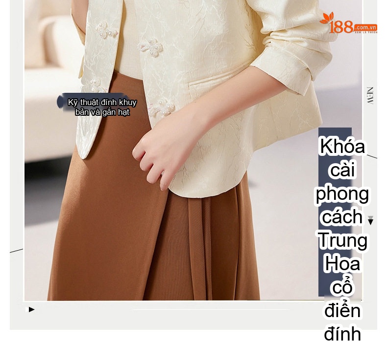 Áo Khoác Lửng Trung Hoa Cổ Điển Tay Dài Khuy Nút Thắt Jacquard Màu Trắng, Đen chi tiết 2