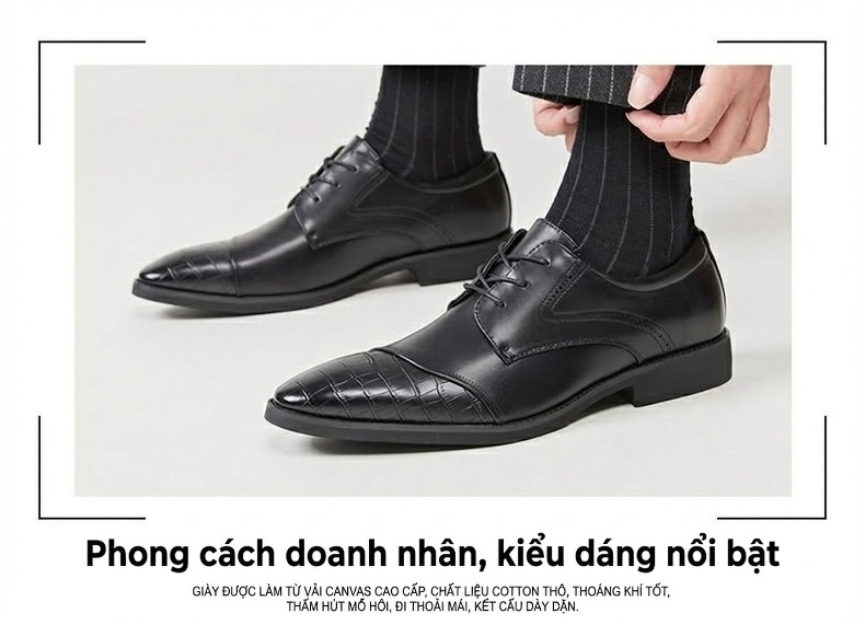Giày Tây Buộc Dây Nam Da Bóng Mũi Nhọn Chiều Cao Đế Khoảng 3cm Màu Đen, Nâu chi tiết 9