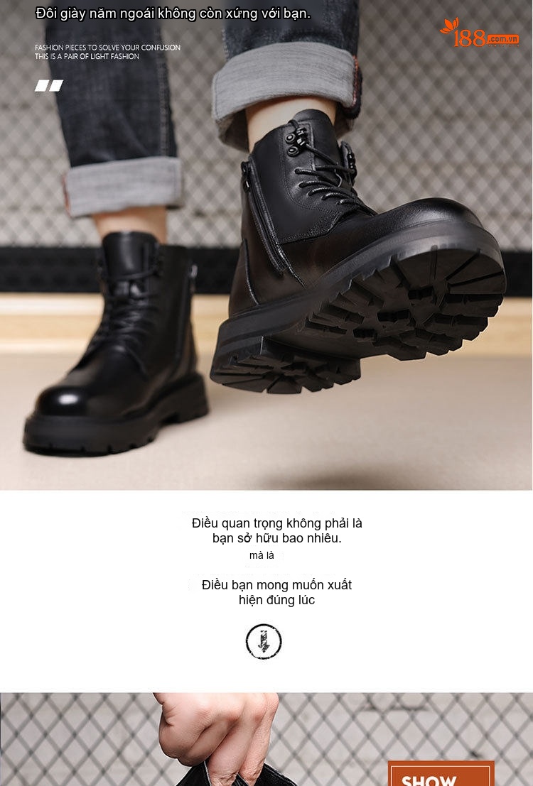 Boot Martin Nam Da Thật Lót Lông Cao Cổ Giữ Ấm Chiều Cao Đế Khoảng 4cm Màu Đen chi tiết 7