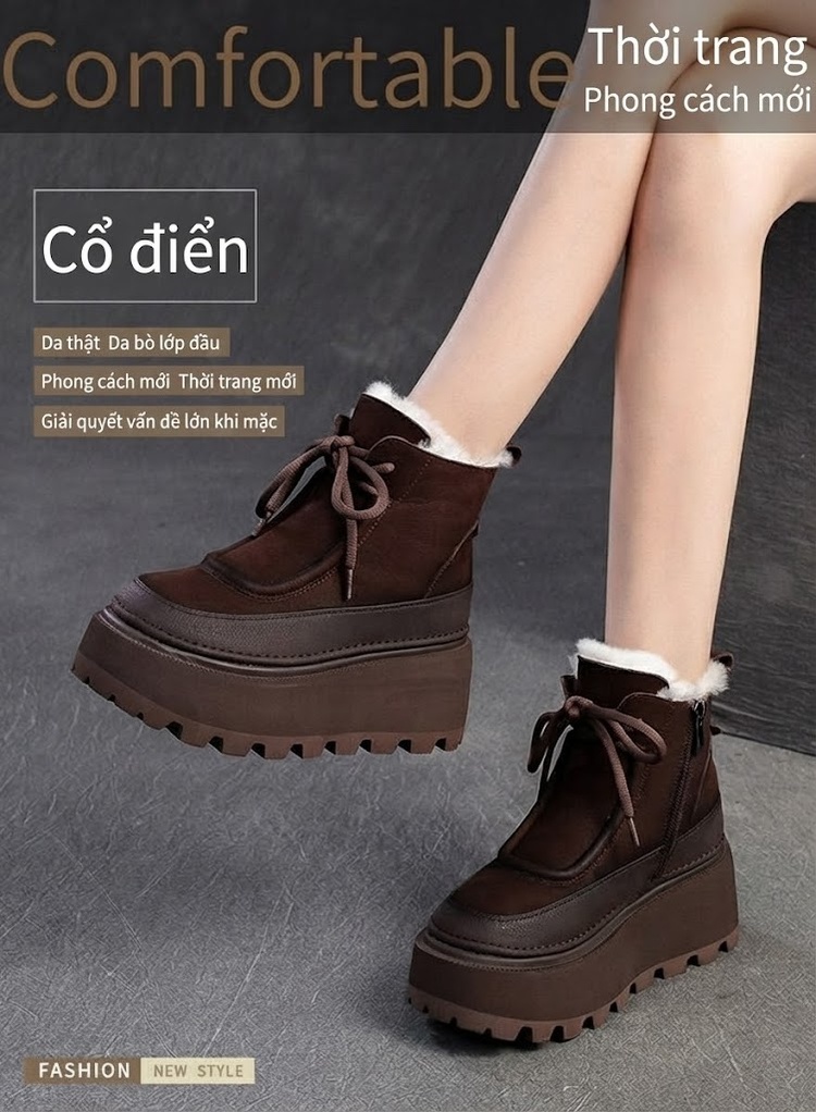 Boot Nữ Da Mờ Lông Cừu Non Mùa Đông Ấm Áp Chiều Cao Đế Khoảng 6cm Màu Nâu chi tiết 1