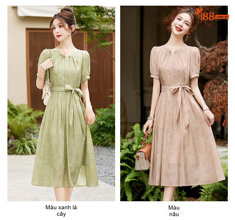 Váy Midi Nữ Cổ Điển Thắt Eo Tay Ngắn Màu Be, Xanh chi tiết 8