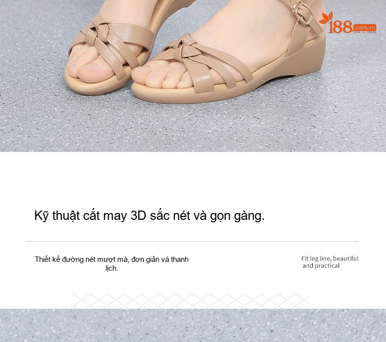 Dép Sandal Nữ Quai Ngang Da Bò Đế Cao 5cm - 6cm Màu Đen, Kem chi tiết 23