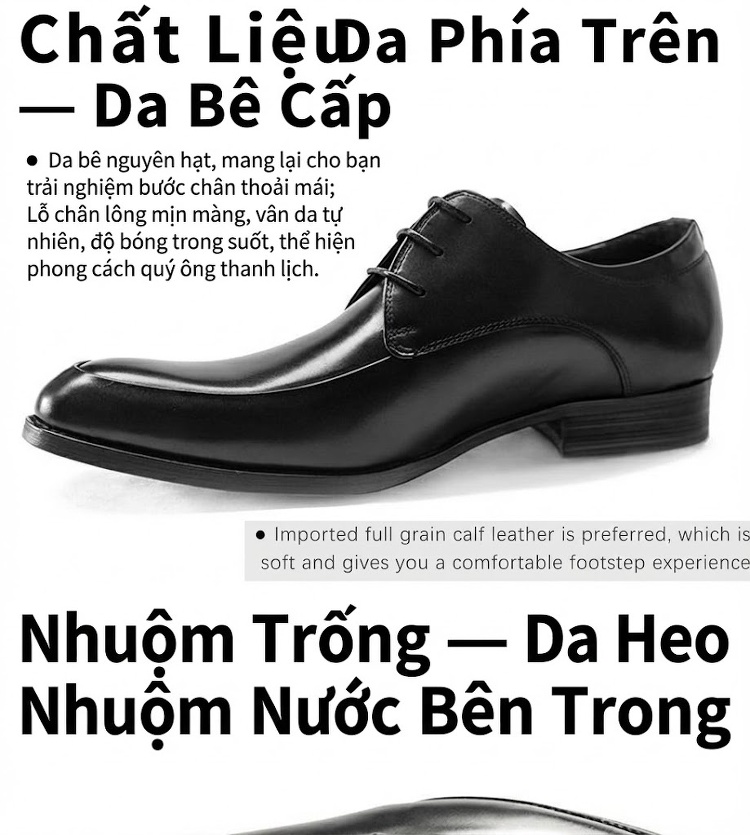 Giày Tây Buộc Dây Nam Da Bò Mũi Nhọn Chiều Cao Đế Khoảng 3cm Màu Đen, Nâu Đỏ chi tiết 4