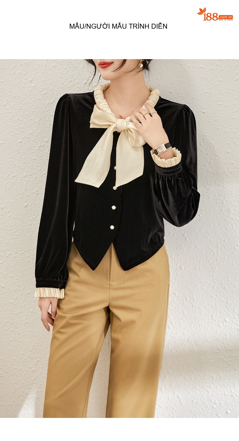 Áo Cardigan Nữ Nhung Nơ Cổ Điển Phong Cách Pháp Màu Đen, Kem chi tiết 9