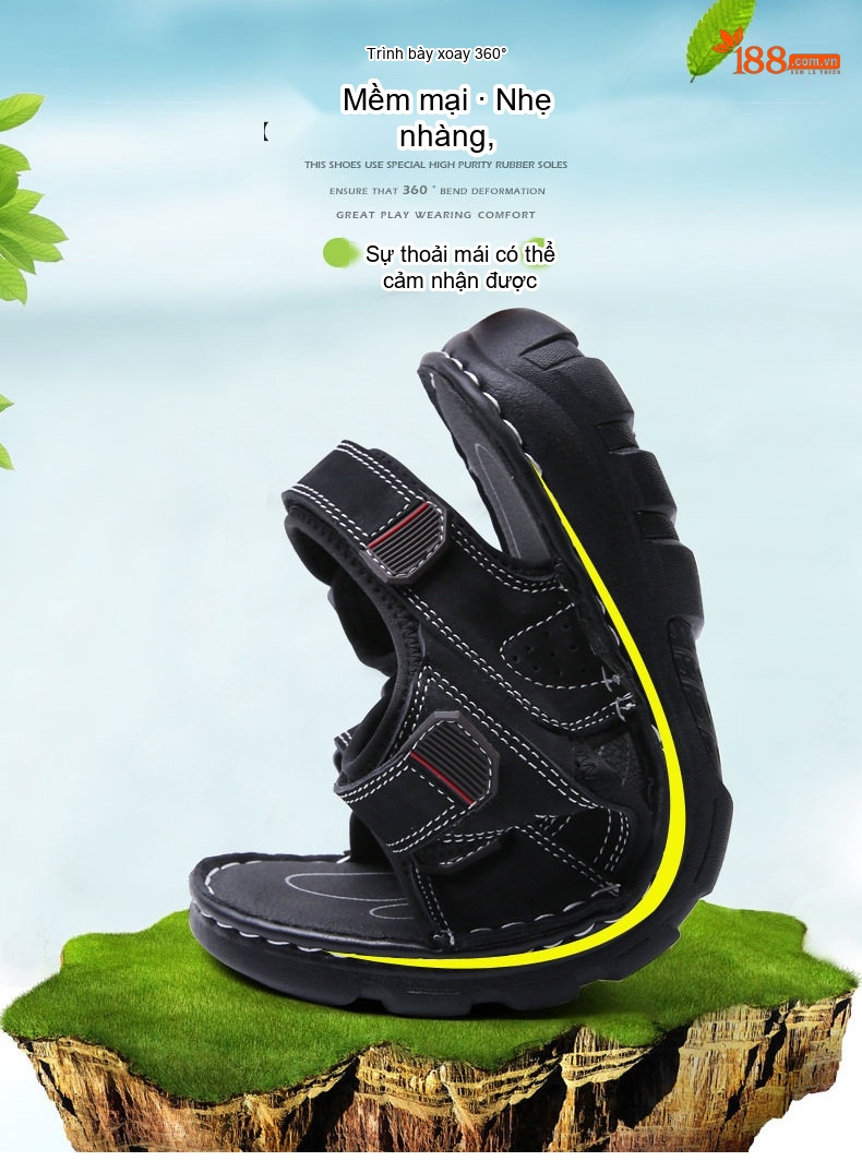 Dép Sandal Nam Xỏ Ngón Da Mờ Quai Dán Chiều Cao Đế Khoảng 3cm Màu Đen, Nâu, Xám, Rêu... chi tiết 2