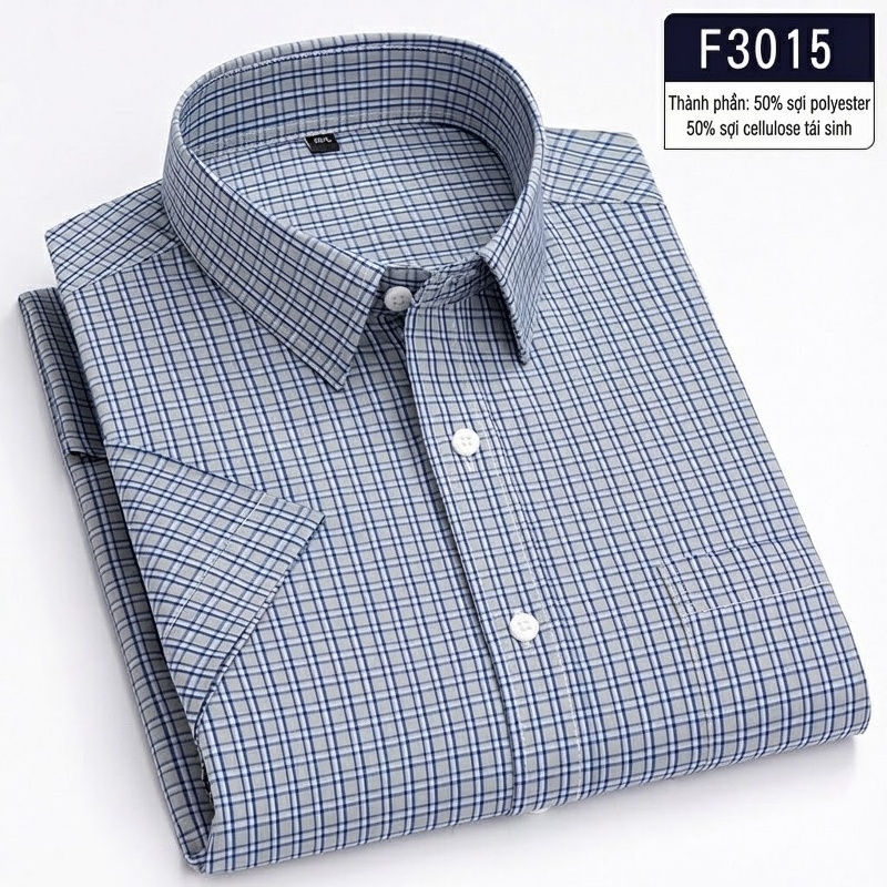 Áo Sơ Mi Nam Tay Ngắn Kẻ Caro 50% Sợi Polyester, 50% Sợi Cellulose Tái Sinh Màu Xanh Dương, Cam, Xanh Lá, Xám...