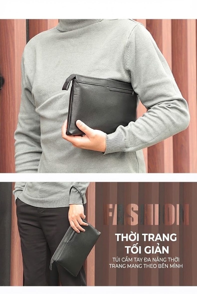 Ví Cầm Tay Nam Da Bò Dáng Dài Khóa Kéo Dung Tích Lớn Màu Đen chi tiết 5
