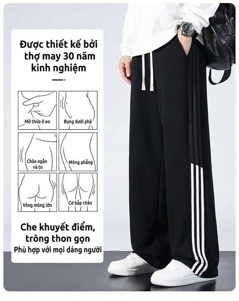 Quần dài ống rộng nam thể thao sọc bên hông phong cách casual chi tiết 5