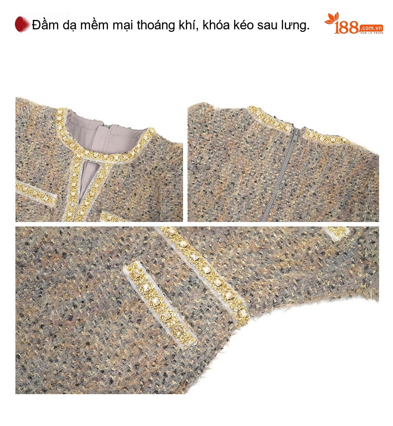 Váy liền thân Nữ Chất Liệu Lông Xù Dày Dặn Thiết Kế Khoét Lỗ Đính Đá Phong Cách Tiểu Thư Màu Nâu chi tiết 5