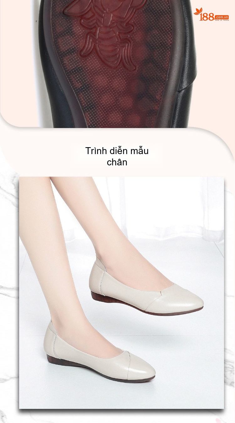 Giày Búp Bê Nữ Da Thật Mềm Mại Chiều Cao Đế Khoảng 2cm Màu Kem, Nâu, Đen chi tiết 9
