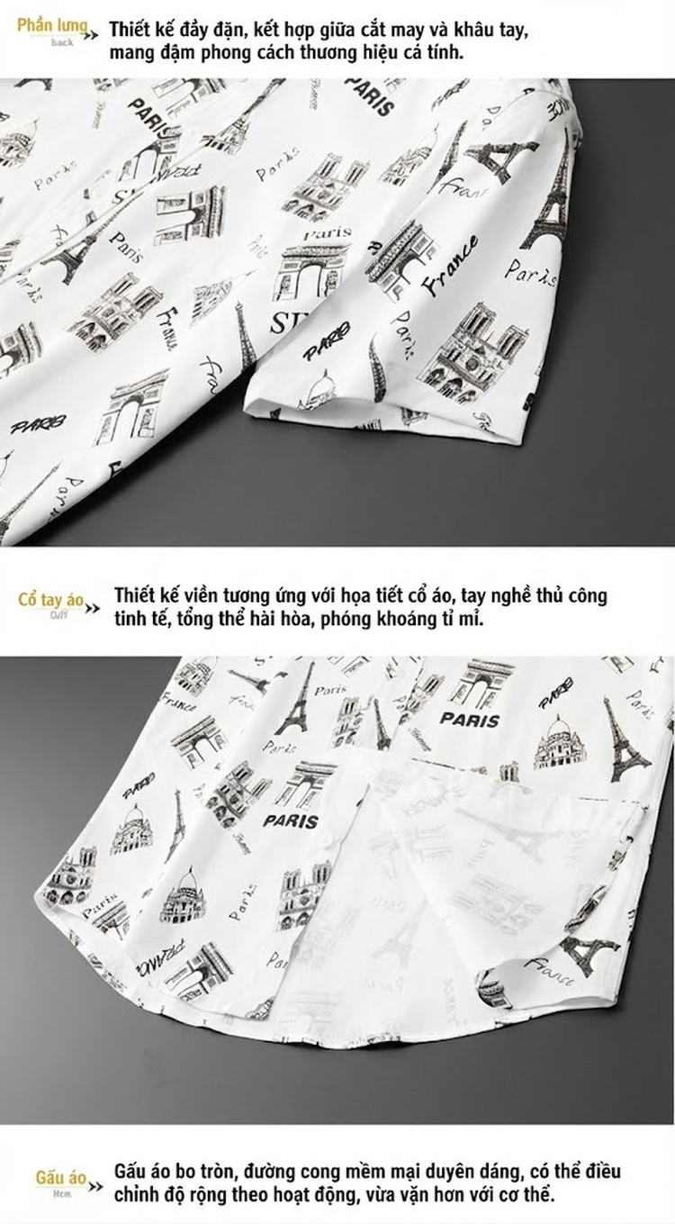 Áo Sơ Mi Tay Ngắn Nam Cotton In Hình Tháp Eiffel Phong Cách Pháp Màu Trắng, Đen chi tiết 11