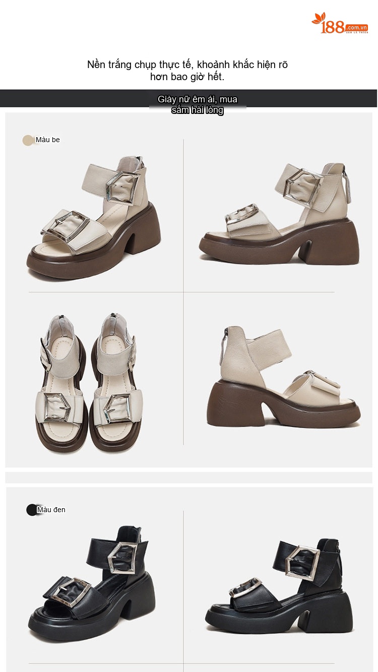 Giày Sandal Cao Gót Nữ Đầu Cá Da Bò Khóa Lớn Gót Cao 8cm Màu Nâu, Trắng, Đen chi tiết 15