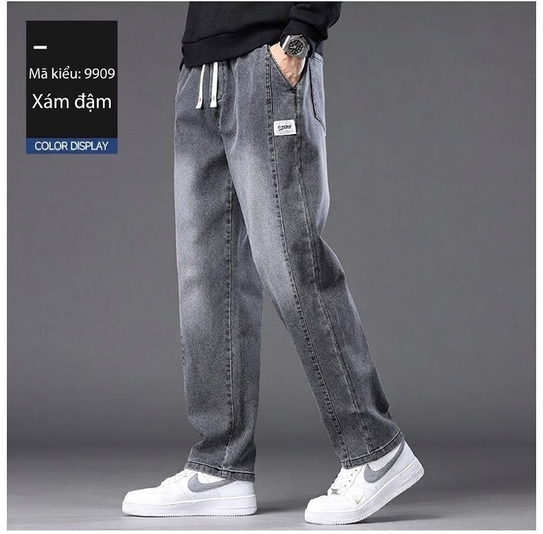 Quần Jean Nam Dáng Rộng Ống Suông Lưng Thun Co Giãn Phong Cách Retro Màu Xanh Dương, Xám Đen chi tiết 8