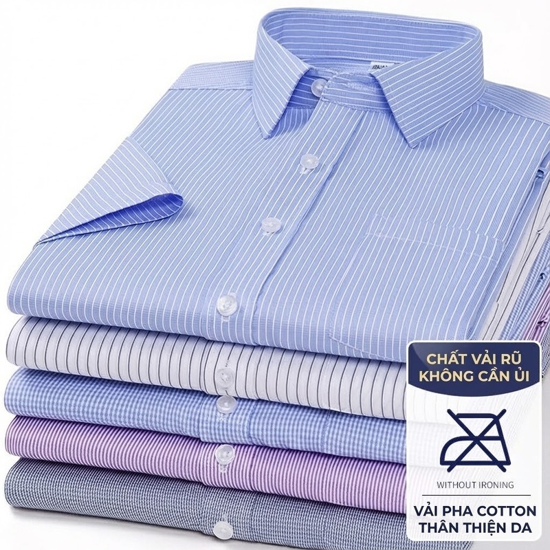Áo Sơ Mi Nam Cotton Ngắn Tay Dáng Ôm Chống Nhăn Màu Trắng, Xanh Dương, Tím, Xám...
