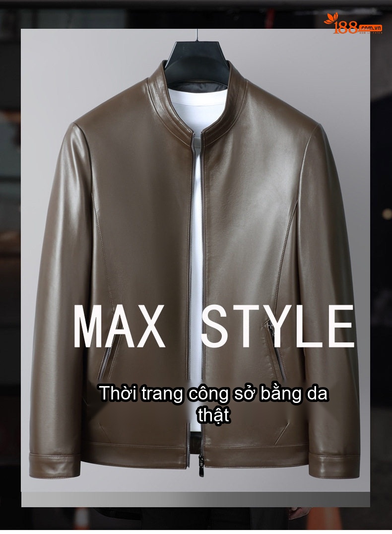 Áo Khoác Da Thật Nam Da Cừu Ôm Dáng Cổ Trụ Thời Trang Màu Đen, Nâu chi tiết 1