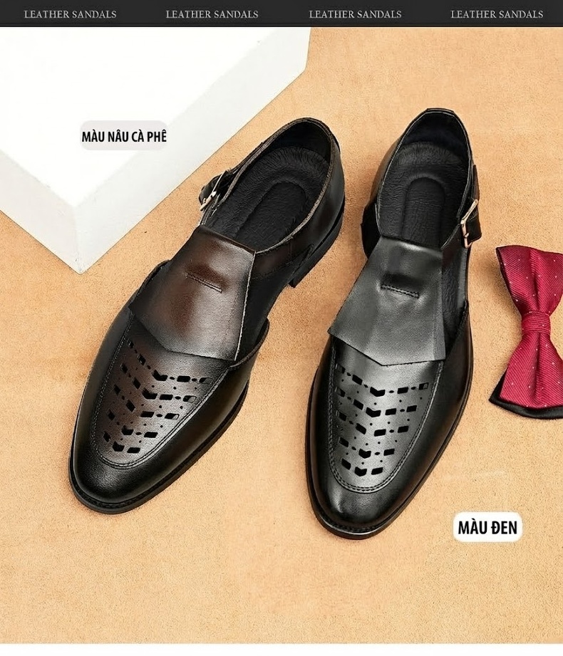 Sandal Nam Da Bò Xỏ Ngón Thoáng Khí Chiều Cao Đế Khoảng 2cm Màu Đen, Nâu chi tiết 2