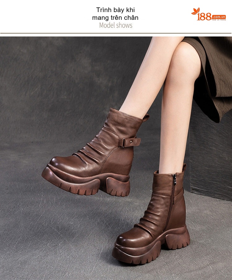 Boot Nữ Da Bóng Đế Xuồng Dày Dặn Tăng Chiều Cao Chiều Cao Đế Khoảng 8cm Màu Đen, Nâu chi tiết 8