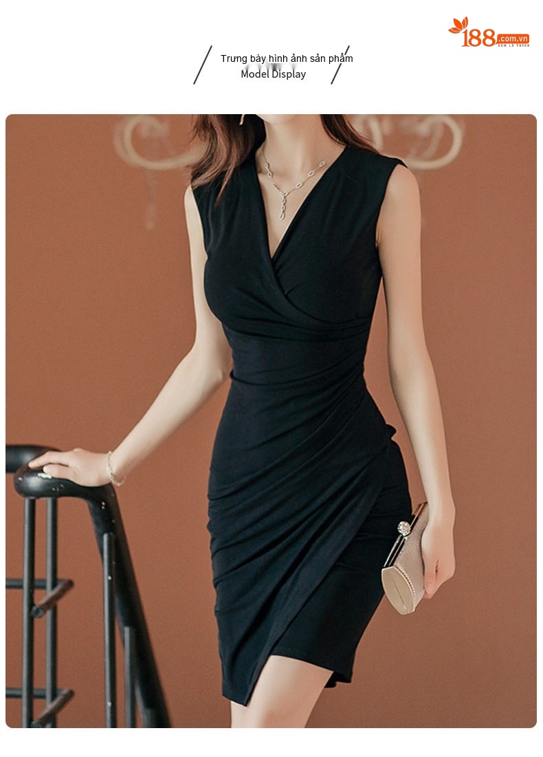 Váy liền thân Nữ Ôm Body Không Tay Cổ chữ V Xẻ Tà Màu Đen chi tiết 1