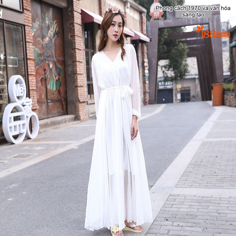 Váy Maxi Nữ Tay Dài Voan Mỏng Đi Biển Mùa Hè Màu Hồng, Tím, Trắng, Đen... chi tiết 5