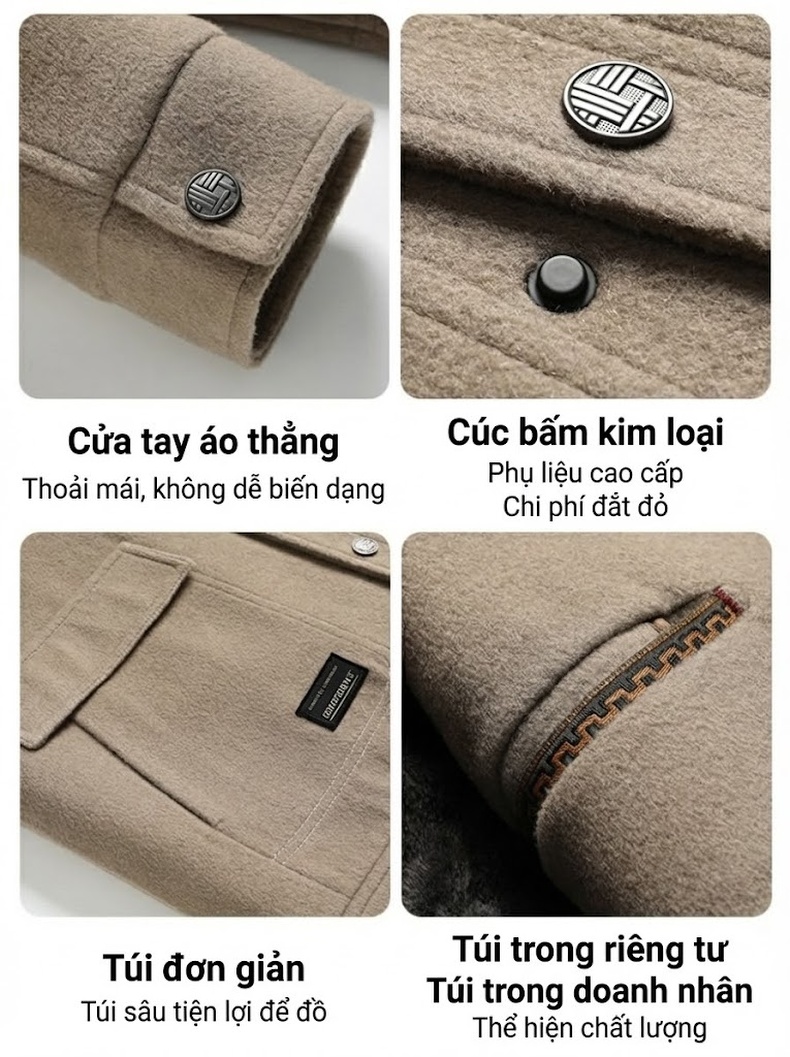Áo Khoác Dạ Nam 100% Lông Cừu Hai Mặt Lót Nhung Vàng Kim Màu Be, Đen chi tiết 16