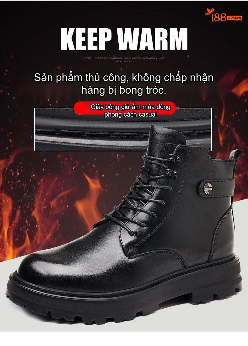 Boot Martin Nam Da Bò Lót Lông Cừu Chiều Cao Đế Khoảng 4cm Màu Đen chi tiết 4